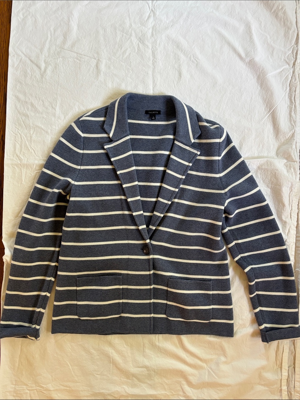Talbots Navy and White Striped Knit Blazer Jacket